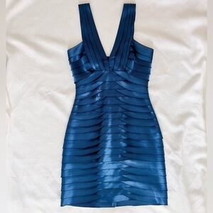BCBGMaxAzria Blue Pleated deep V Bodycon mini Dress 0
